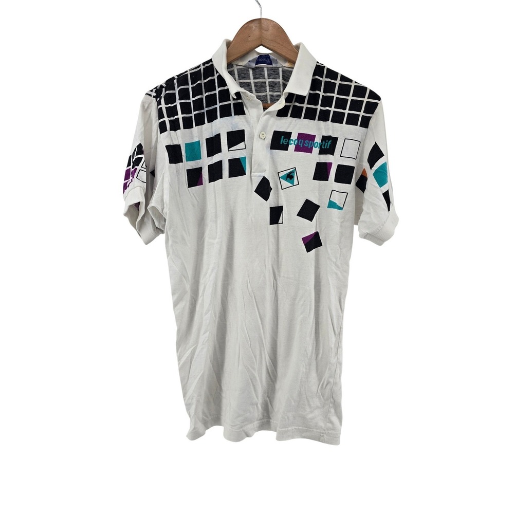 Le Coq Sportif Polo Shirt Mens Medium White Vintage 90s Geometric Grid Abstract